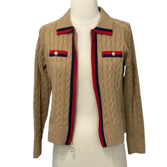 Talbots Cable Knit Full Zip Sweater Cardigan Tan Pearl Button Preppy Size PP/0-2 - Picture 3 of 10